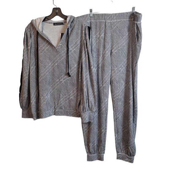 Oxford & Park Hoodie Jogger Set Womens 1X Plaid Two Piece Lounge Velour Trim - Picture 2 of 16